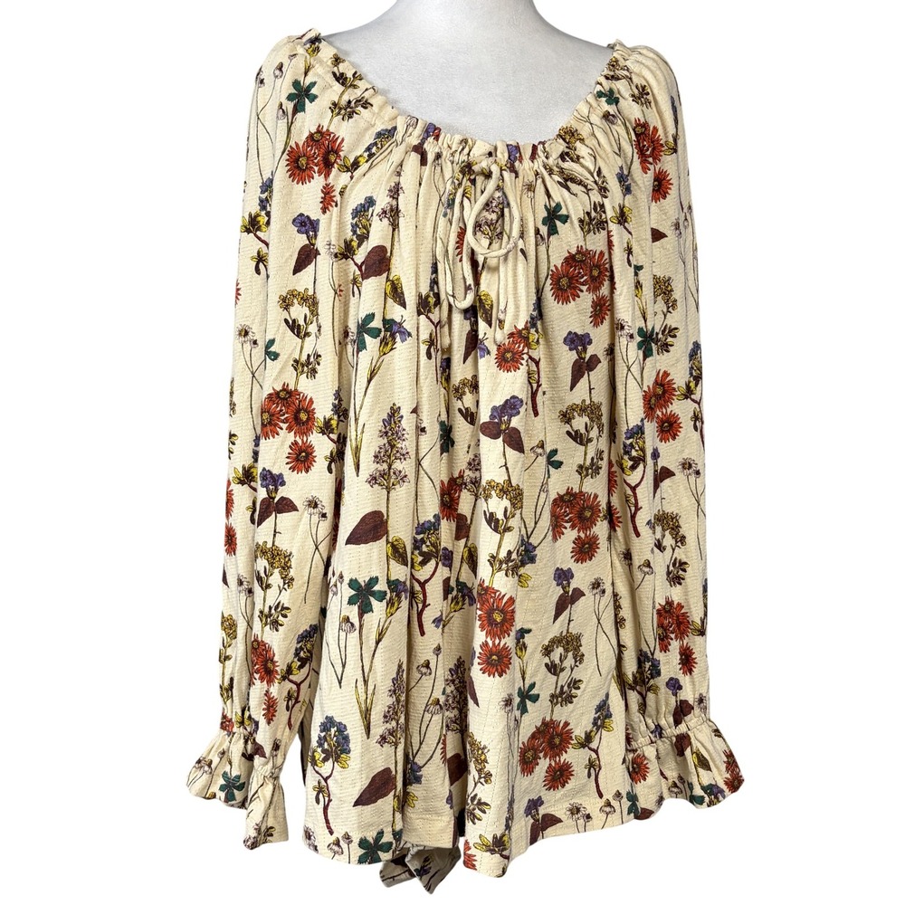 By Anthropologie Romper Womens‎ Medium Ivory Floral Peasant Long Sleeve Tie Neck